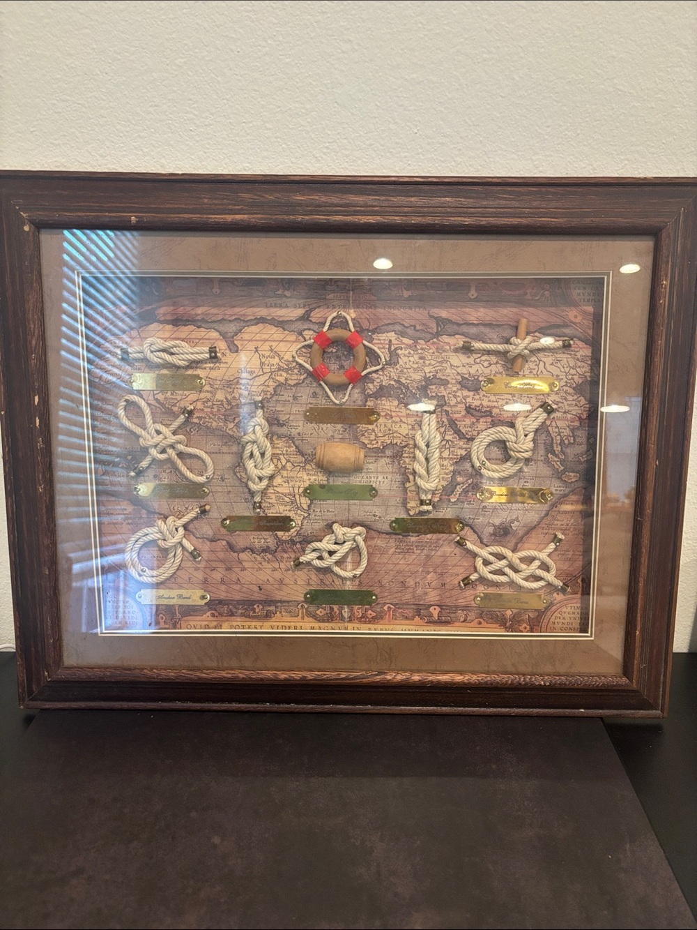 Framed Nautical Knot Display with Vintage Map Background - Beige Ropes
